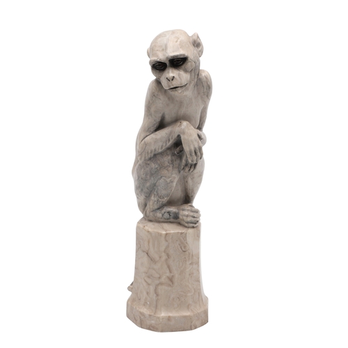 585 - SIGNED MARBLE SCULPTURE OF A RHESUS MONKEY. In the manner of Wilhelm Krieger, a carved marble figure... 