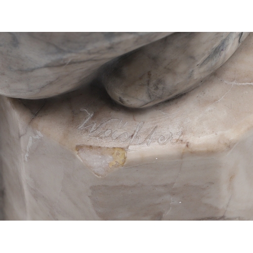 585 - SIGNED MARBLE SCULPTURE OF A RHESUS MONKEY. In the manner of Wilhelm Krieger, a carved marble figure... 