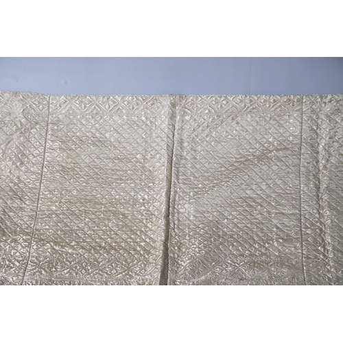 597 - LATE 18THC SILK QUILTED BEDSPREAD - DATED 1775. The silk quilted bedspread made in 4 long sections, ... 