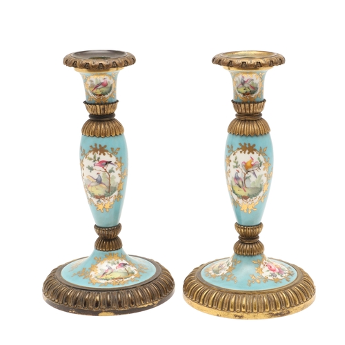 619 - PAIR OF FRENCH 19THC PORCELAIN & GILT METAL CANDLESTICKS. The porcelain sections painted with flower... 