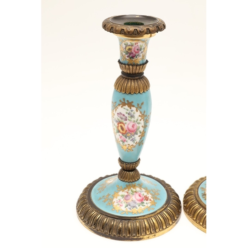 619 - PAIR OF FRENCH 19THC PORCELAIN & GILT METAL CANDLESTICKS. The porcelain sections painted with flower... 