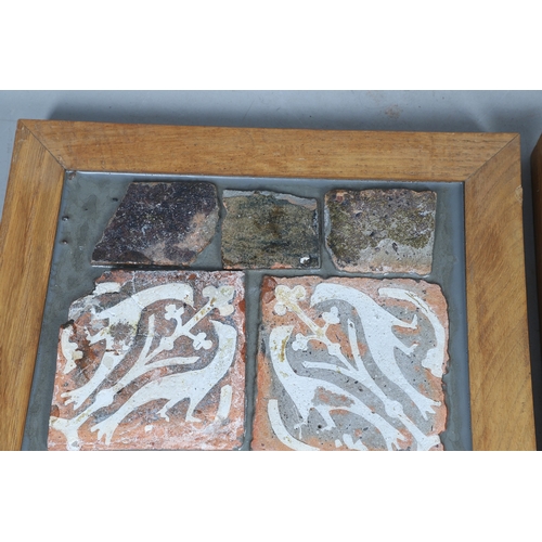 622 - VARIOUS MEDIEVAL POTTERY FLOOR TILES. A variety of medieval floor tiles, some glazed and set into re... 