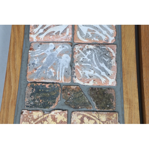 622 - VARIOUS MEDIEVAL POTTERY FLOOR TILES. A variety of medieval floor tiles, some glazed and set into re... 