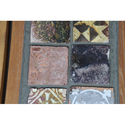 622 - VARIOUS MEDIEVAL POTTERY FLOOR TILES. A variety of medieval floor tiles, some glazed and set into re... 