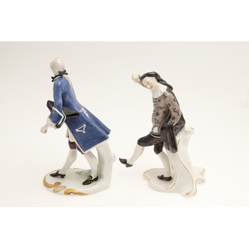 634 - NYMPHENBURG PORCELAIN FIGURES. Including two similar figures with one holding a fan (18cms high), an... 