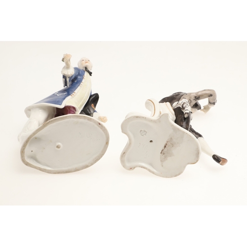 634 - NYMPHENBURG PORCELAIN FIGURES. Including two similar figures with one holding a fan (18cms high), an... 