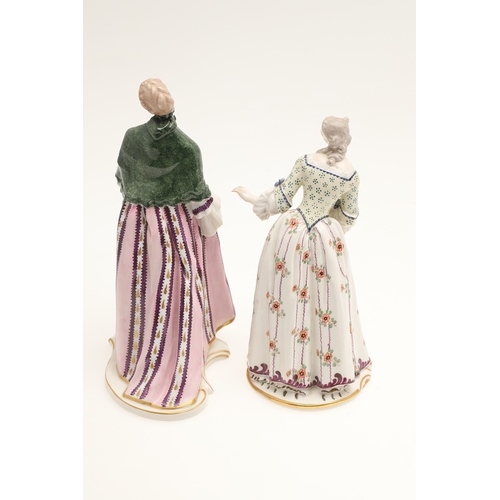 634 - NYMPHENBURG PORCELAIN FIGURES. Including two similar figures with one holding a fan (18cms high), an... 