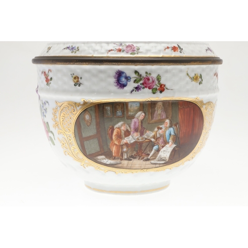 640 - LARGE GERMAN PORCELAIN BOWL & COVER. A late 19thc bowl and cover, with oval panels painted with a va... 