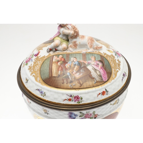 640 - LARGE GERMAN PORCELAIN BOWL & COVER. A late 19thc bowl and cover, with oval panels painted with a va... 