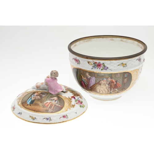 640 - LARGE GERMAN PORCELAIN BOWL & COVER. A late 19thc bowl and cover, with oval panels painted with a va... 