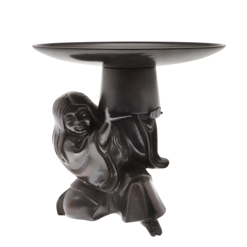 666 - JAPANESE BRONZE FIGURAL STAND. A bronze circular top stand made in two sections, supported by a figu... 