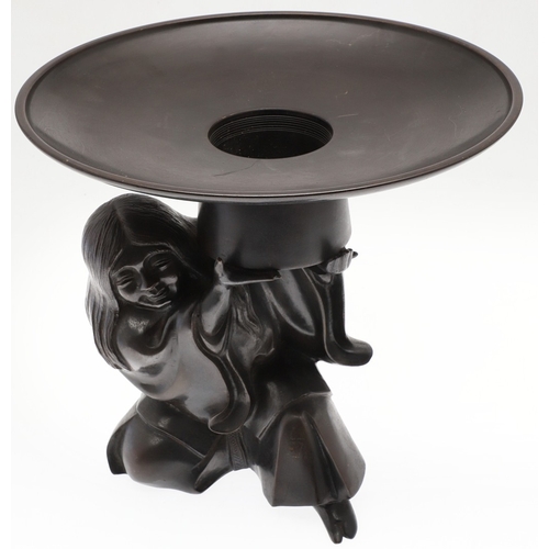 666 - JAPANESE BRONZE FIGURAL STAND. A bronze circular top stand made in two sections, supported by a figu... 