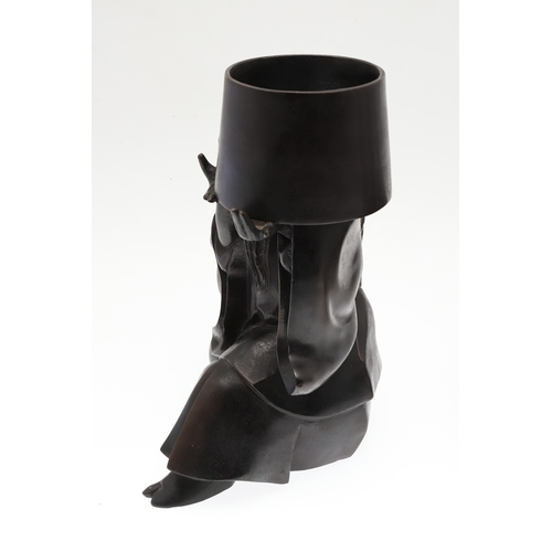 666 - JAPANESE BRONZE FIGURAL STAND. A bronze circular top stand made in two sections, supported by a figu... 