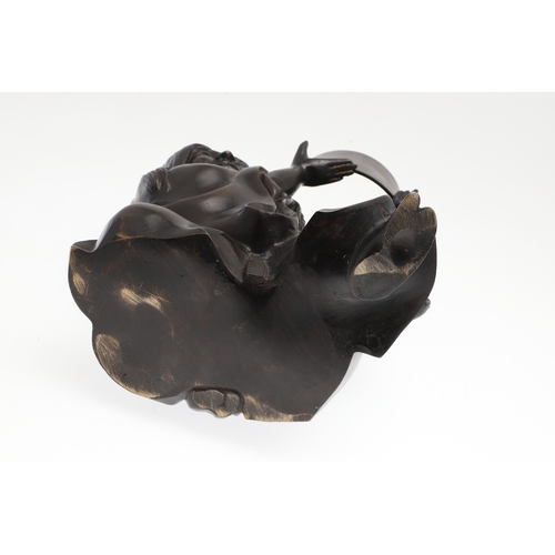 666 - JAPANESE BRONZE FIGURAL STAND. A bronze circular top stand made in two sections, supported by a figu... 