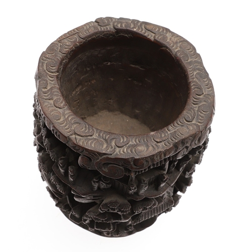 676 - CHINESE BAMBOO BRUSH POT. 19thc, of circular form and carved with a variety of figures amongst trees... 