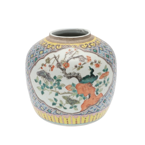 687 - CHINESE FAMILLE VERTE GINGER JAR. Probably late 19thc, with shaped panels on each side painted with ... 