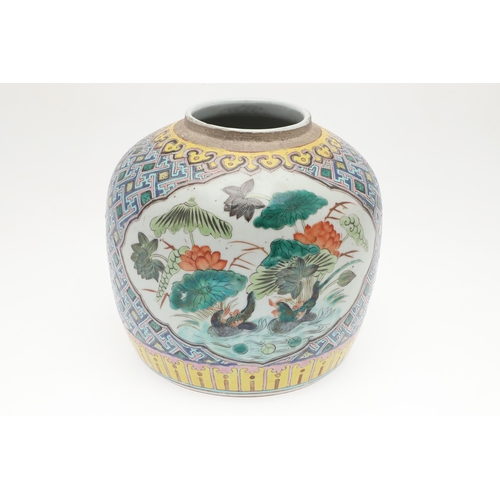 687 - CHINESE FAMILLE VERTE GINGER JAR. Probably late 19thc, with shaped panels on each side painted with ... 