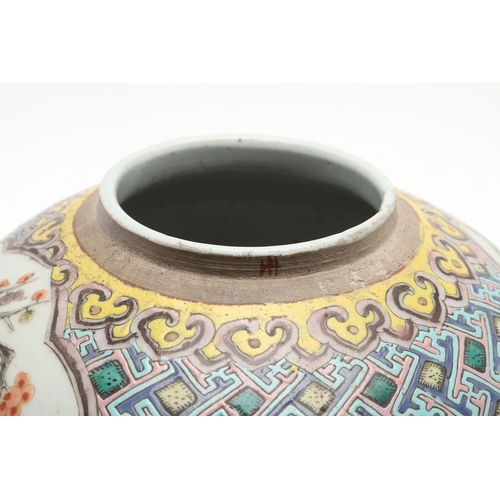 687 - CHINESE FAMILLE VERTE GINGER JAR. Probably late 19thc, with shaped panels on each side painted with ... 