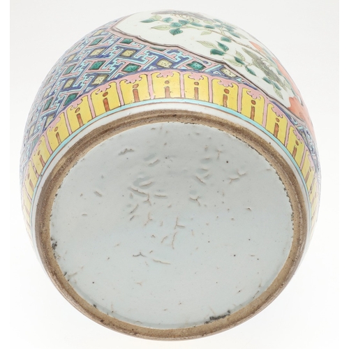 687 - CHINESE FAMILLE VERTE GINGER JAR. Probably late 19thc, with shaped panels on each side painted with ... 