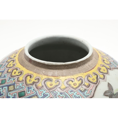 687 - CHINESE FAMILLE VERTE GINGER JAR. Probably late 19thc, with shaped panels on each side painted with ... 