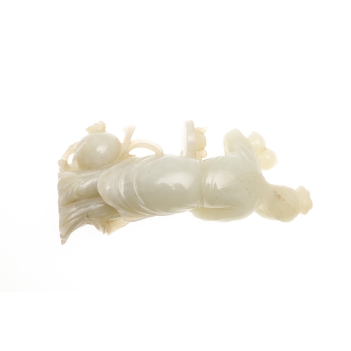 688 - SMALL CHINESE JADE FIGURE. 20thc, a celadon jade figure of a lady, holding fruit in one hand and a b... 