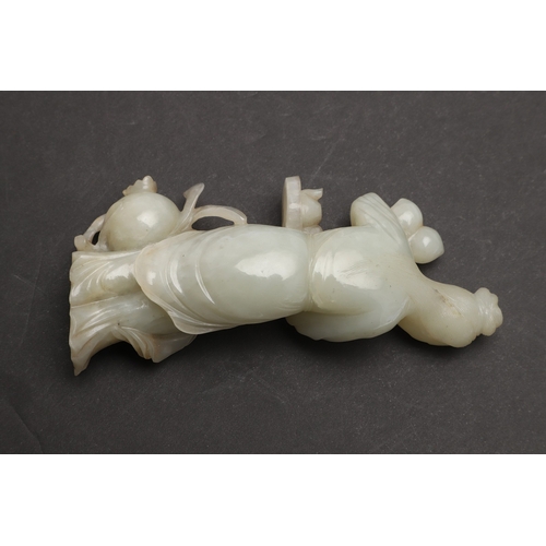 688 - SMALL CHINESE JADE FIGURE. 20thc, a celadon jade figure of a lady, holding fruit in one hand and a b... 