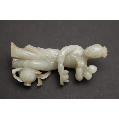 688 - SMALL CHINESE JADE FIGURE. 20thc, a celadon jade figure of a lady, holding fruit in one hand and a b... 