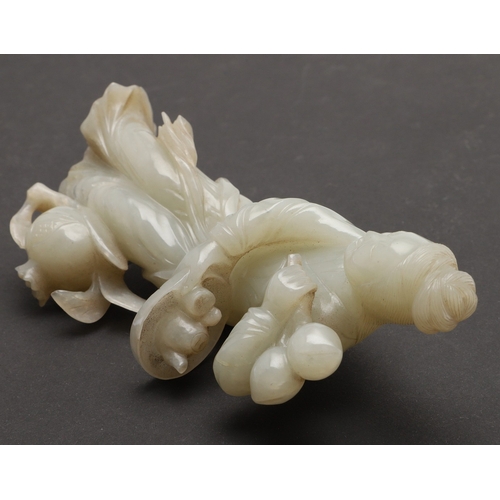 688 - SMALL CHINESE JADE FIGURE. 20thc, a celadon jade figure of a lady, holding fruit in one hand and a b... 