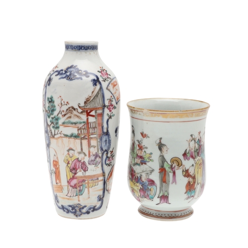 690 - CHINESE FAMILLE ROSE & UNDERGLAZE BLUE VASE & BELL SHAPED TANKARD. Qianlong, the vase of slender for... 