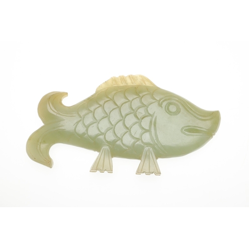 700 - CHINESE JADE FISH. Late Qing, the celadon jade fish of narrow form and with carved detailing. With a... 