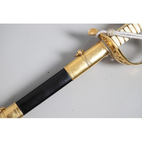 110 - A DUTCH NAVAL OFFICERS SWORD, SCABBARD AND BELT BY EICKHORN OF SOLINGEN. The 90 cm, curved, spear po... 
