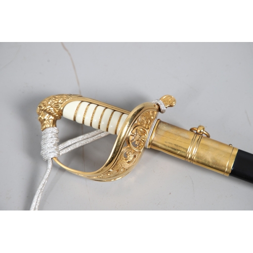 110 - A DUTCH NAVAL OFFICERS SWORD, SCABBARD AND BELT BY EICKHORN OF SOLINGEN. The 90 cm, curved, spear po... 