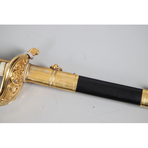 110 - A DUTCH NAVAL OFFICERS SWORD, SCABBARD AND BELT BY EICKHORN OF SOLINGEN. The 90 cm, curved, spear po... 
