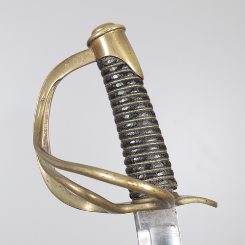 113 - A CONTINENTAL SWORD AND SCABBARD WITH TWO BAR HILT. A sword with a 90 cm curved and pointed blade wi... 