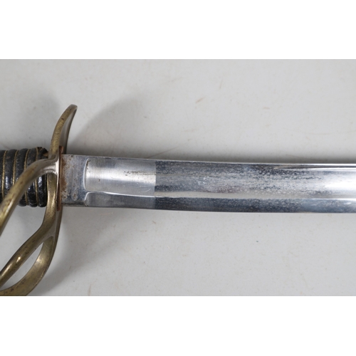 113 - A CONTINENTAL SWORD AND SCABBARD WITH TWO BAR HILT. A sword with a 90 cm curved and pointed blade wi... 