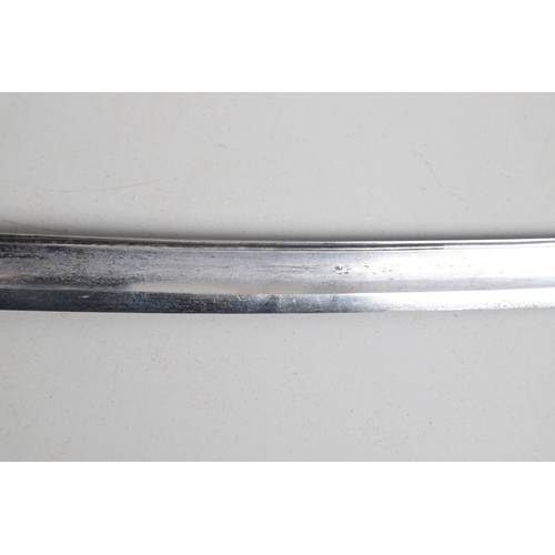 113 - A CONTINENTAL SWORD AND SCABBARD WITH TWO BAR HILT. A sword with a 90 cm curved and pointed blade wi... 