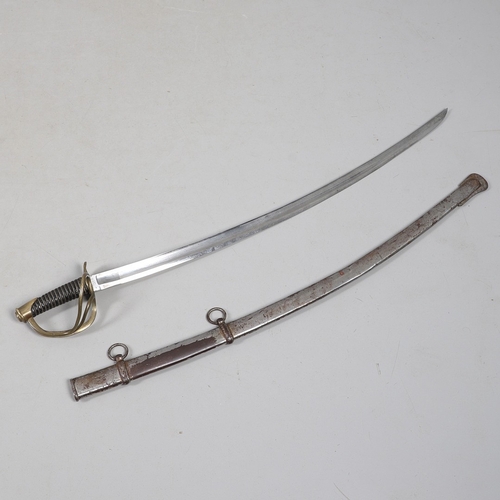 113 - A CONTINENTAL SWORD AND SCABBARD WITH TWO BAR HILT. A sword with a 90 cm curved and pointed blade wi... 
