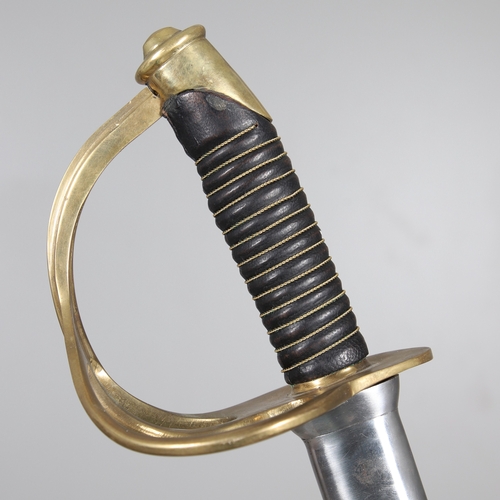 119 - A FRENCH THREE BAR HILT SWORD AND SCABBARD. The 85 cm tapering, pointed blade with broad and shallow... 