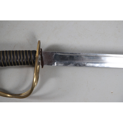 119 - A FRENCH THREE BAR HILT SWORD AND SCABBARD. The 85 cm tapering, pointed blade with broad and shallow... 