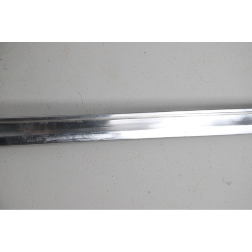 119 - A FRENCH THREE BAR HILT SWORD AND SCABBARD. The 85 cm tapering, pointed blade with broad and shallow... 