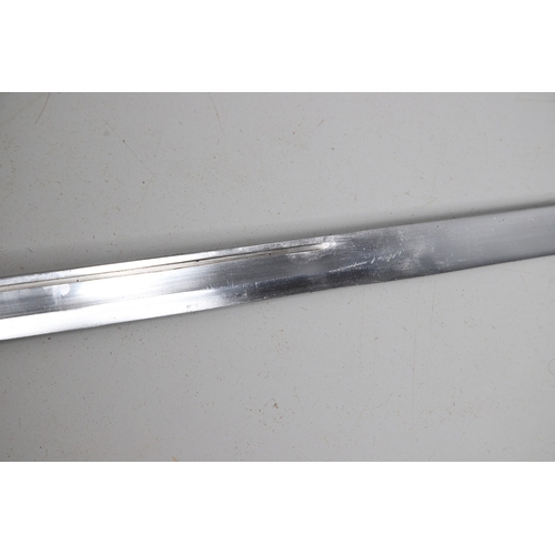 119 - A FRENCH THREE BAR HILT SWORD AND SCABBARD. The 85 cm tapering, pointed blade with broad and shallow... 