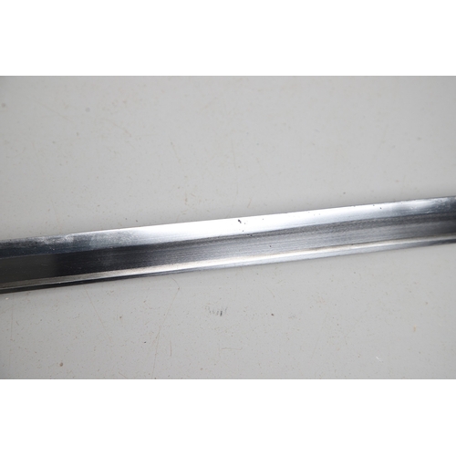 119 - A FRENCH THREE BAR HILT SWORD AND SCABBARD. The 85 cm tapering, pointed blade with broad and shallow... 