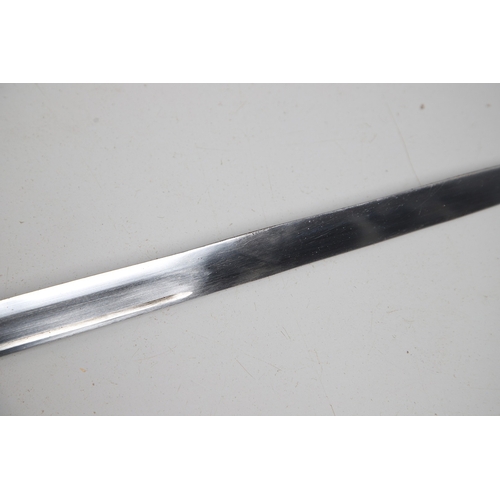 119 - A FRENCH THREE BAR HILT SWORD AND SCABBARD. The 85 cm tapering, pointed blade with broad and shallow... 
