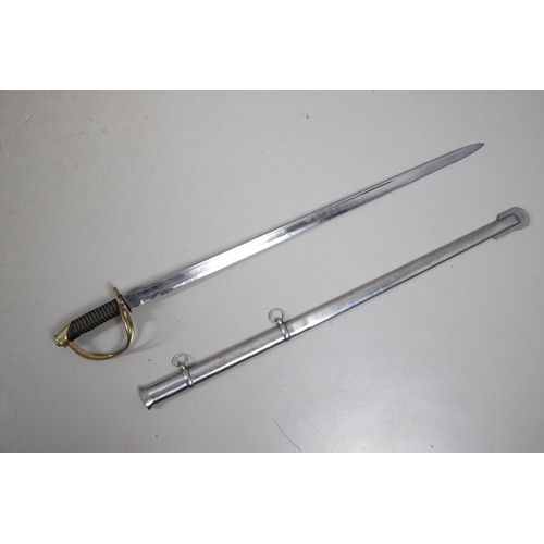119 - A FRENCH THREE BAR HILT SWORD AND SCABBARD. The 85 cm tapering, pointed blade with broad and shallow... 