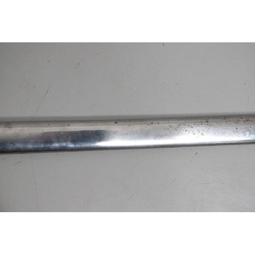 119 - A FRENCH THREE BAR HILT SWORD AND SCABBARD. The 85 cm tapering, pointed blade with broad and shallow... 