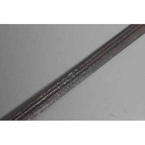 120 - AN 18TH CENTURY SWORD BLADE IN AN ASSOCIATED GRIP. The 64 cm pointed blade with double shallow fulle... 