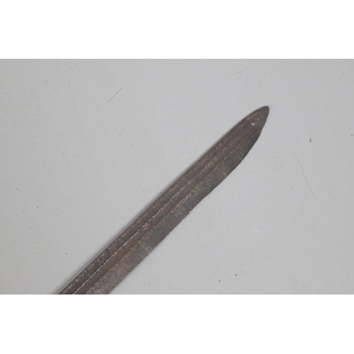 120 - AN 18TH CENTURY SWORD BLADE IN AN ASSOCIATED GRIP. The 64 cm pointed blade with double shallow fulle... 