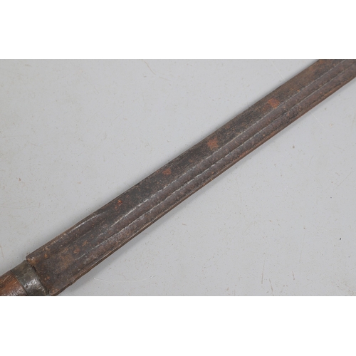 120 - AN 18TH CENTURY SWORD BLADE IN AN ASSOCIATED GRIP. The 64 cm pointed blade with double shallow fulle... 