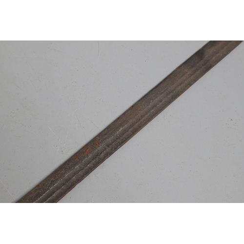 120 - AN 18TH CENTURY SWORD BLADE IN AN ASSOCIATED GRIP. The 64 cm pointed blade with double shallow fulle... 