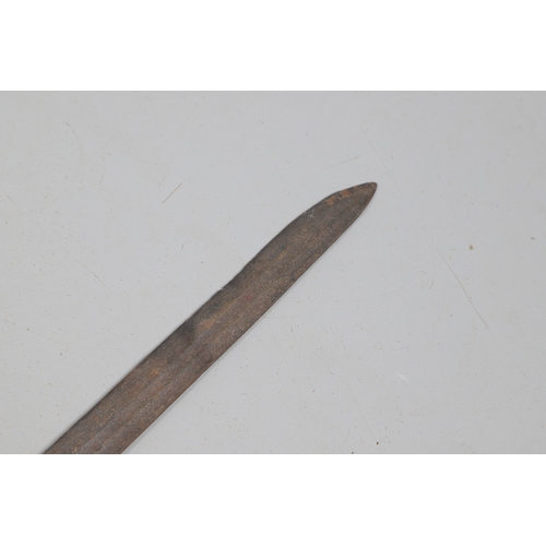 120 - AN 18TH CENTURY SWORD BLADE IN AN ASSOCIATED GRIP. The 64 cm pointed blade with double shallow fulle... 
